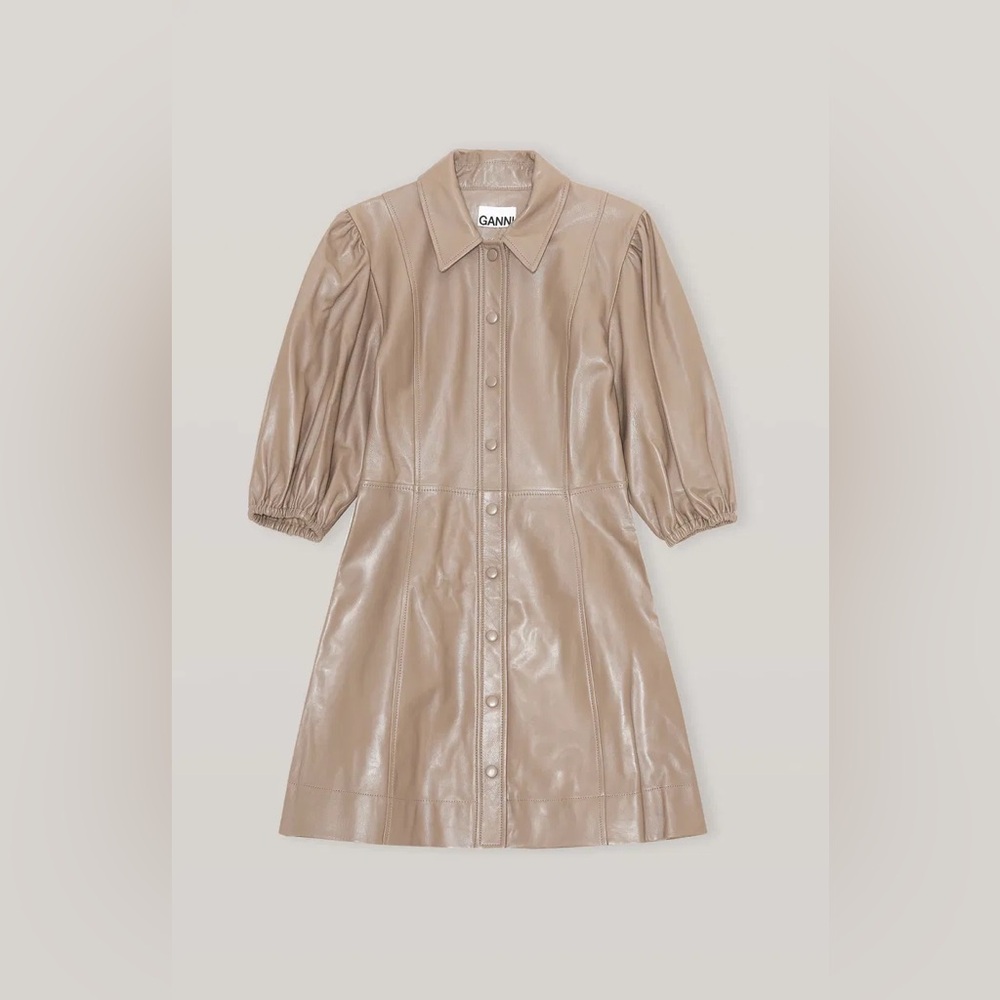 NWT Ganni lambskin leather button up collared mini dress